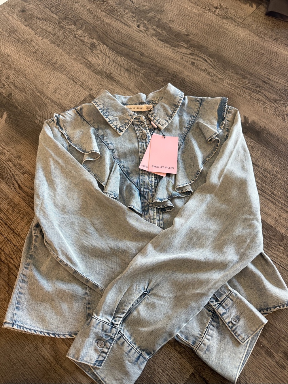 Avec Les Filles Light Wash Denim Ruffle Button-Down Shirt